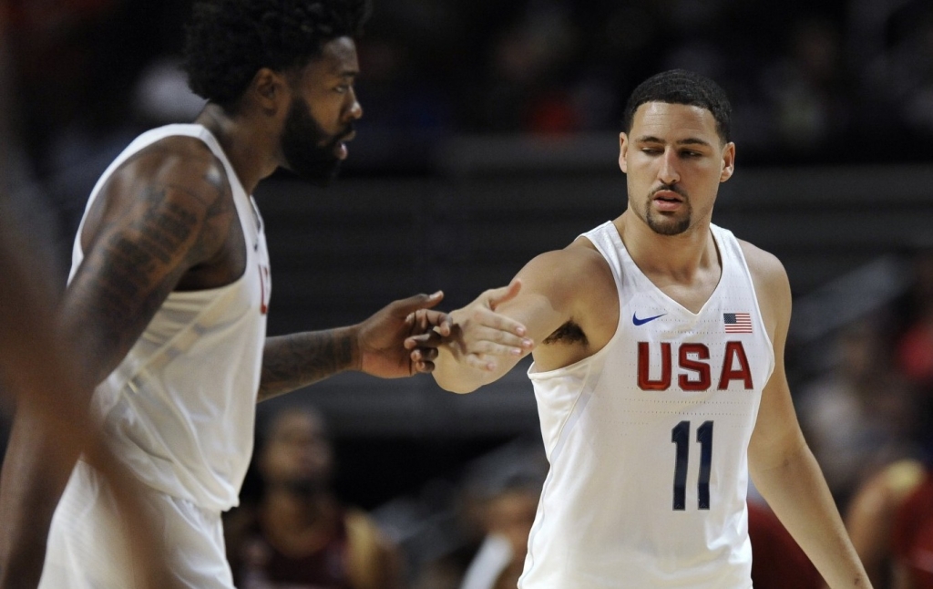 United States&#039 Klay Thompson celebrates with De Andre Jordan left during the final seconds of an exhibition basketball game against Venezuela on Friday