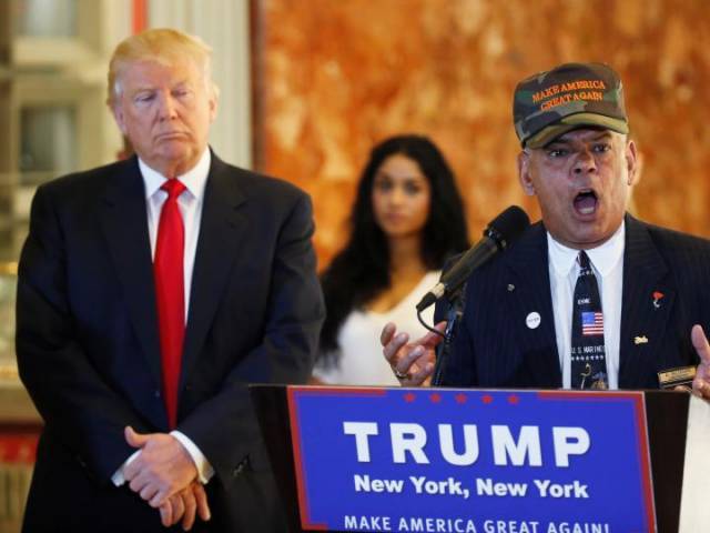 Al Baldasaro speaks to defend Republican US presidential candidate Donald Trump at Trump Tower in New York City