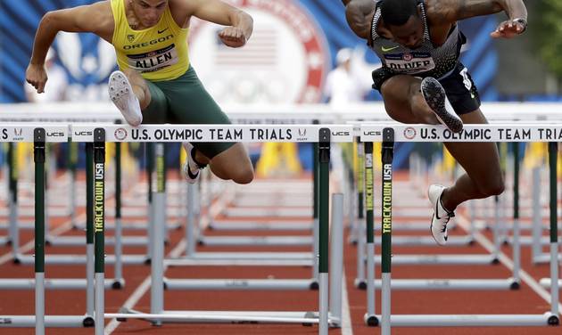 Devon Allen left beats David Oliver in the third heat of the semifinals in the men's 110-meter hurdles at the U.S. Olympic Track and Field Trials Saturday