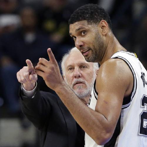 San Antonio Spurs head coach Gregg Popovich left talks with forward Tim Duncan during the second half of an NBA basketball game against the Milwaukee Bucks in San Antonio. They were joined at the hip