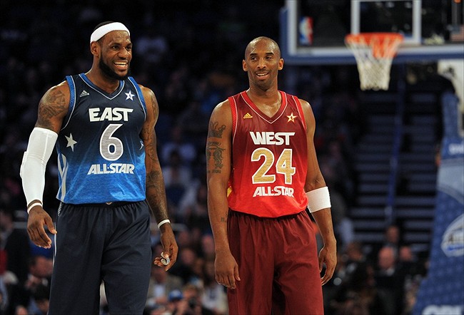 Feb 26 2012 Orlando FL USA Eastern Conference forward Le Bron James of the Miami Heat and Western Conference guard Kobe Bryant of the Los Angeles Lakers share a laugh late in the game as the West defeated the East 152-149 at the 2012 NBA All