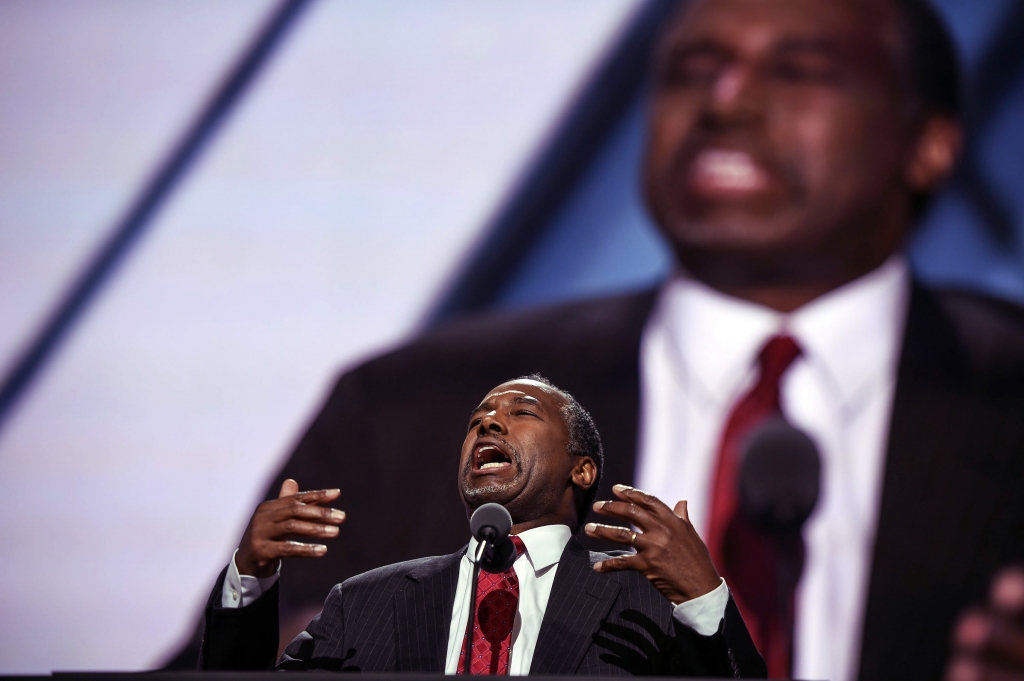 Retired neurosurgeon and former Republican presidential candidate Ben Carson speaks during the second day of the Republican National Convention