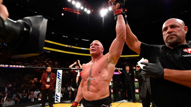 Brock Lesnar reacts to his victory over Mark Hunt after their heavyweight bout during the UFC 200 Saturday in Las Vegas