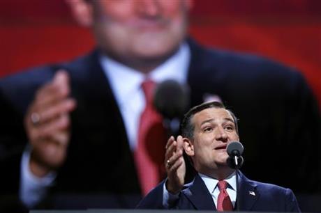 Sen. Ted Cruz R-Tex. addresses the delegates during the third day session of the Republican National Convention in Cleveland Wednesday