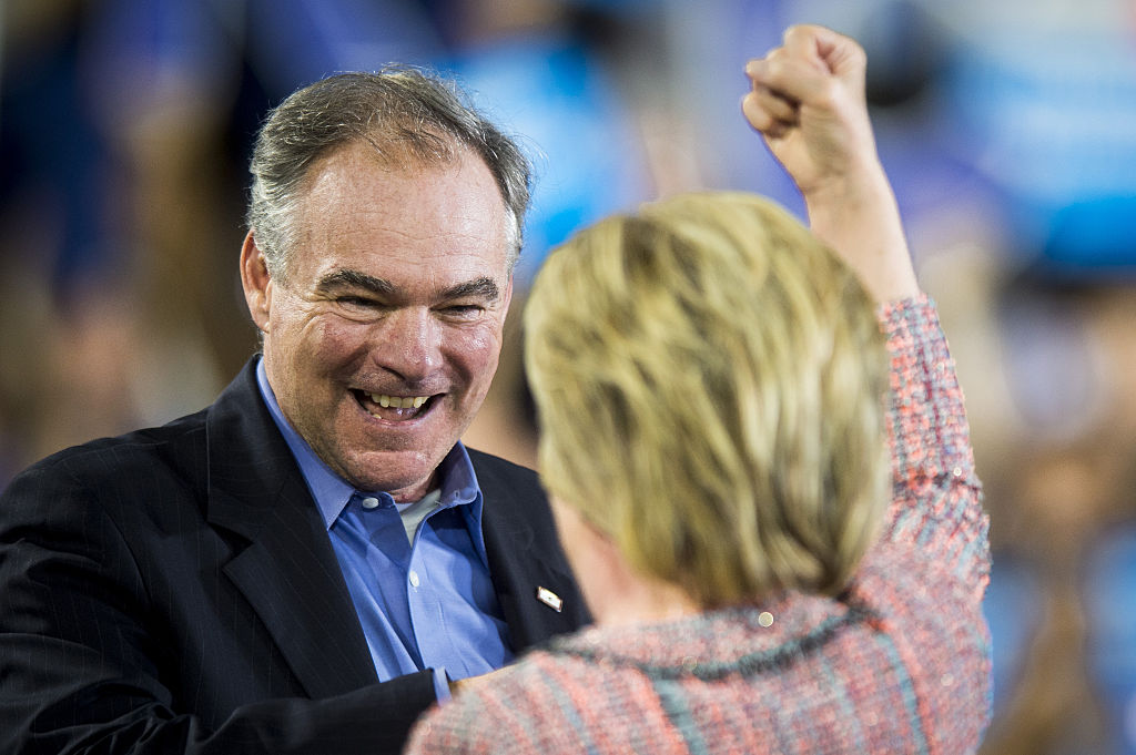 Senator Tim Kaine a Democrat from Virginia and Hillary Clinton presumptive 2016 Democratic presidential nominee at a campaign event in Virginia