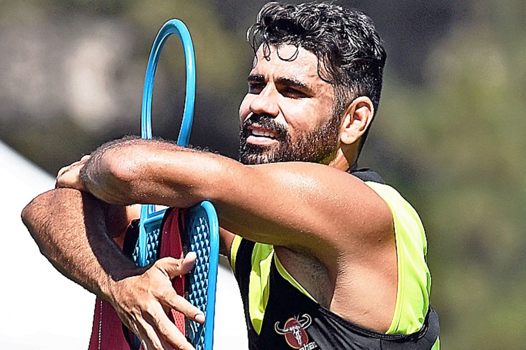 Costa takes a break in training before Chelsea play Liverpool at the Rose Bowl Darren Walsh  Chelsea FC via Getty Images