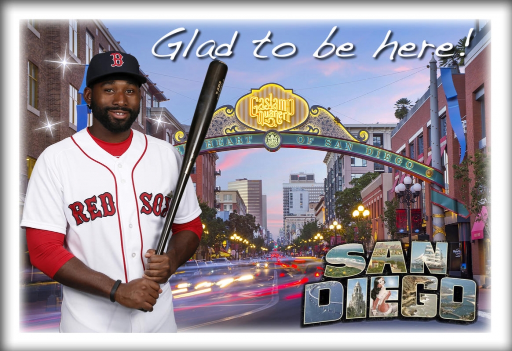 Credit Unknown        Downtown San Diego Gaslamp sign over moving traffic featuring Jackie Bradley Jr