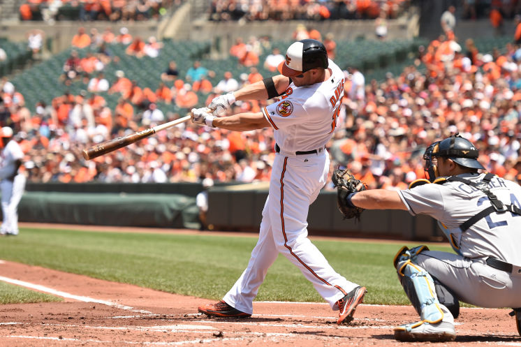 BALTIMORE MD- JUNE 26 Chris Davis #19 of the Baltimore Orioles hits a grand slam in the first inning during a baseball game against the Tampa Bay Rays at Oriole Park at Camden Yards