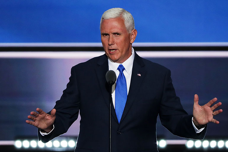 CLEVELAND OH- JULY 20 Republican Vice Presidential candidate Mike Pence delivers a speech on the third day of the Republican National Convention