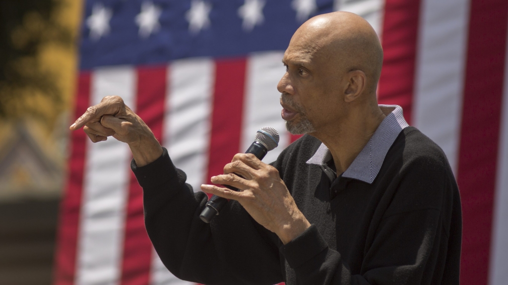 LOS ANGELES CA- JUNE 06 Kareem Abdul Jabbar speaks at the South Los Angeles Get Out The Vote Rally for Democratic presidential candidate Hillary Clinton at Leimert Park Village Plaza