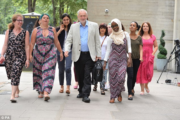 Comrades on the march Jeremy Corbyn heading for his Labour leadership campaign launch in London accompanied by a group of female supporters in an apparent bid to counteract accusations of intolerance