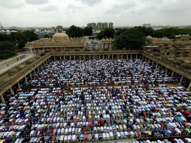 People offer namaz at Ahmedabad’s oldest mosque Sarkhej Roza on Thursday