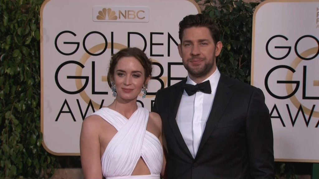 Emily Blunt and John Krazinski on the red carpet before the 2015 Golden Globe Awards in Los Angeles CA