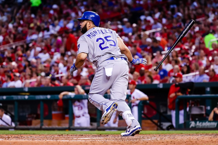 Kansas City Royals Designated hitter Kendrys Morales gets a base hit to left field during a MLB game between the Kansas City Royals and the St. Louis Cardinals at Busch Stadium in St. Louis MO