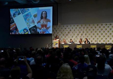 From left Moderator Tiffany Smith artist Nicola Scott DC Entertainment co-publisher Jim Lee director Patty Jenkins and actress Gal Gadot attended Celebrating 75 Years Of Wonder Woman during San Diego Comic-Con