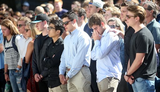 Community members gather in Sproul Plaza on the UC Berkeley campus to take part in a vigil for student Nicolas Leslie on Monday