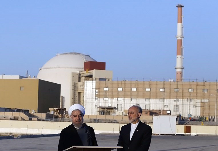 Iranian President Hassan Rouhani and Head of the Atomic Energy Organization of Iran Ali Akbar Salehi in Bushehr Nuclear Plant