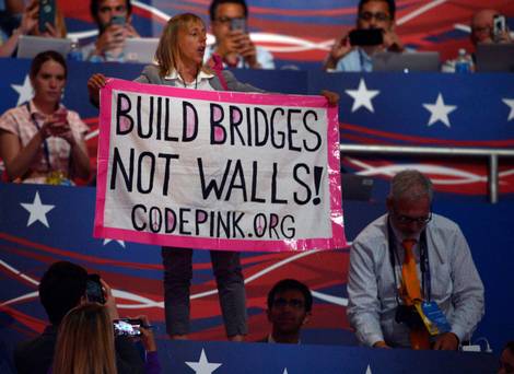 A protester interrupts Donald Trump's speech during the Republican Convention in Cleveland Ohio on Thursday night