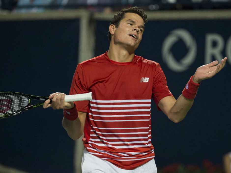 Milos Raonic of Canada shows his frustration while playing against Gael Monfils of France during men's quarter-final Rogers Cup tennis action in Toronto on Friday night. Raonic lost 6-4 6-4