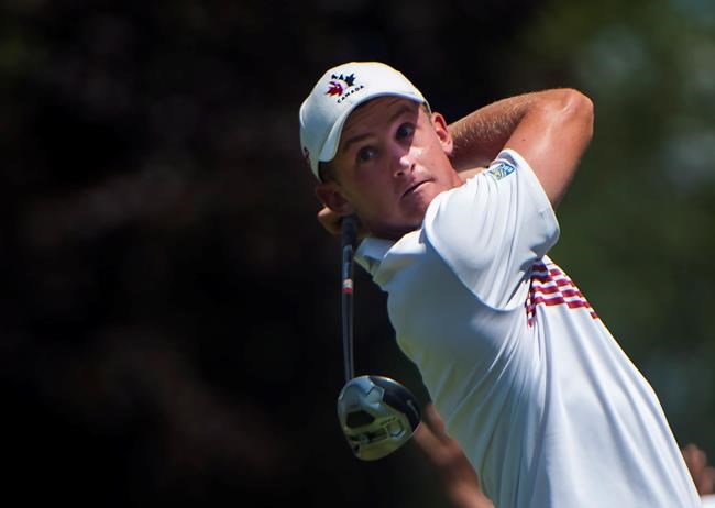 Jared du Toit of Canada tees off on the second hole at the 2016 Canadian Open in Oakville Ont. on Saturday