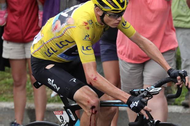 Lucky escape Leader Chris Froome suffered a crash in the final 15km of stage 19 of the Tour de France but still widened his advantage