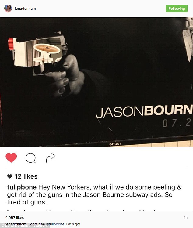 Good idea @tulipbone! Let's go! On July 12 Girls star Lena Dunham shared her producer Tami Sagher's Instagram calling New Yorkers to'peel and get rid of guns in the Jason Bourne subway ads