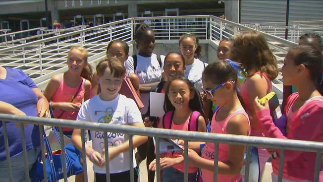 NBC Bay Area Young gymnastics fans at SAP Center in San Jose before the U.S. Olympic trials