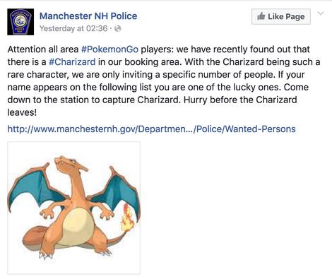 Manchester police say rare Pokemon available to those on wanted persons list