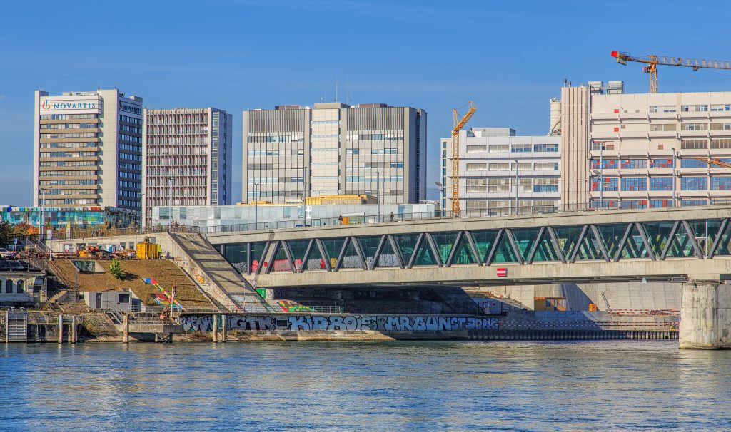 Novartis headquarters on the Rhine River in Basel Switzerland