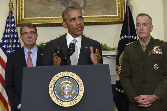 President Barack Obama flanked by Defense Secretary Ash Carter left and Joint Chiefs Chairman Gen. Joseph Dunford makes a statement on Afghanistan from