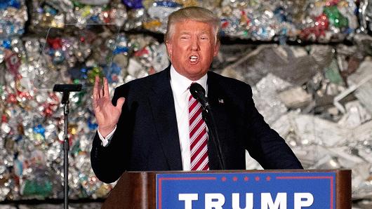 Presumptive Republican candidate for President Donald Trump speaks to guests during a policy speech during a campaign stop at Alumisource