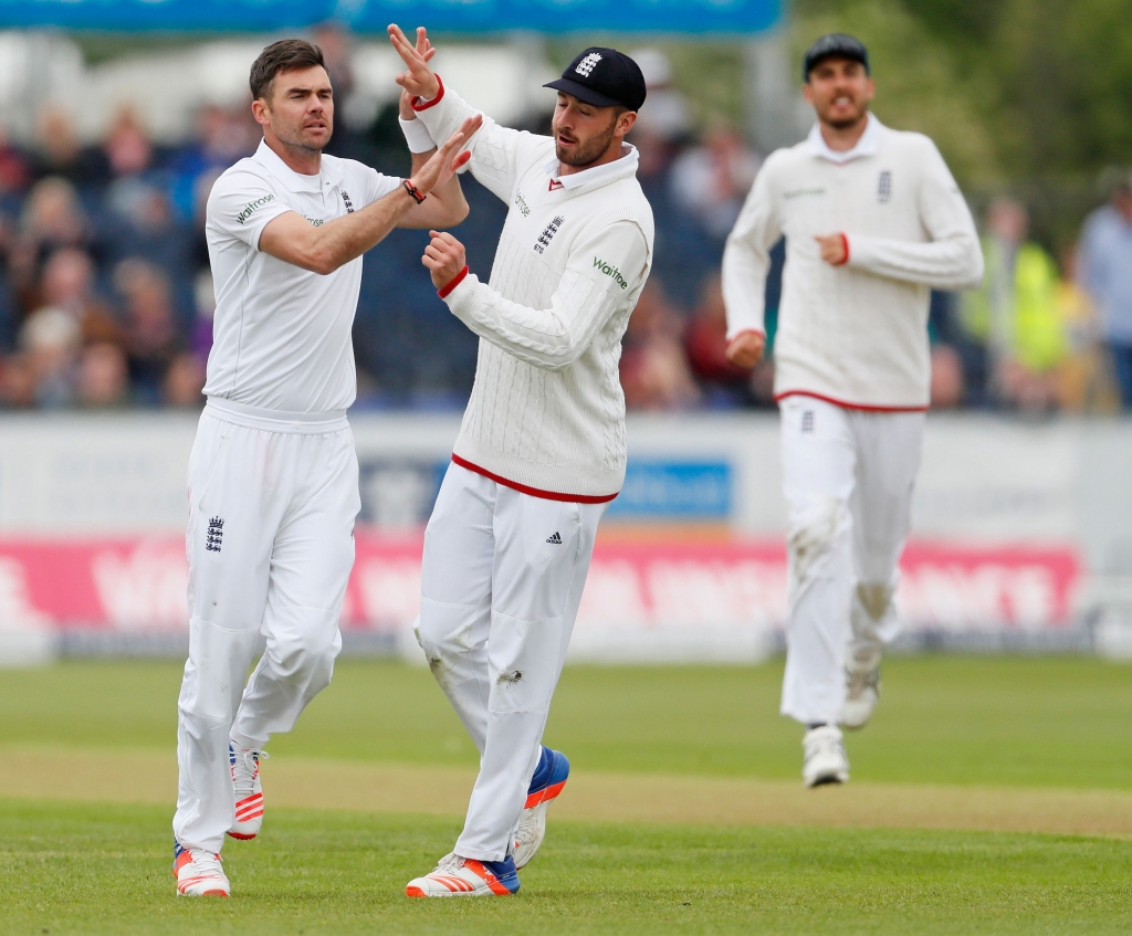 Paceman James Anderson celebrates another wicket with James Vince during the dominant series win over Sri Lanka