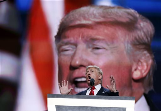 Republican presidential candidate Donald Trump speaks during the final day of the Republican National Convention in Cleveland on Thursday