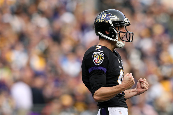 BALTIMORE MD- DECEMBER 27 Kicker Justin Tucker #9 of the Baltimore Ravens celebrates after kicking a 50-yard field goal in the second quarter against the Pittsburgh Steelers at M&T Bank Stadium