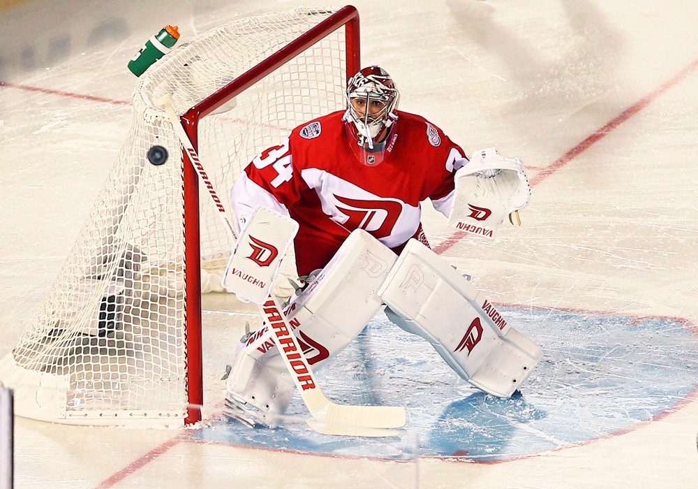 February 27 2016 Detroit Red Wings goalie Petr Mrazek during an outdoor Stadium Series NHL game between the Colorado Avalanche and the visiting Detroit Red Wings at Coors Field in Denver CO