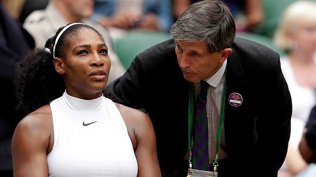 Serena Williams speaks with tournament referee Andrew Jarrett