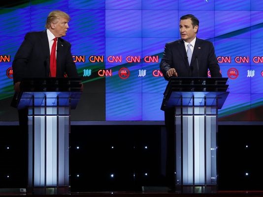 Texas Sen. Ted Cruz and Donald Trump take part in a GOP presidential debate in Coral Gables Fla. in March