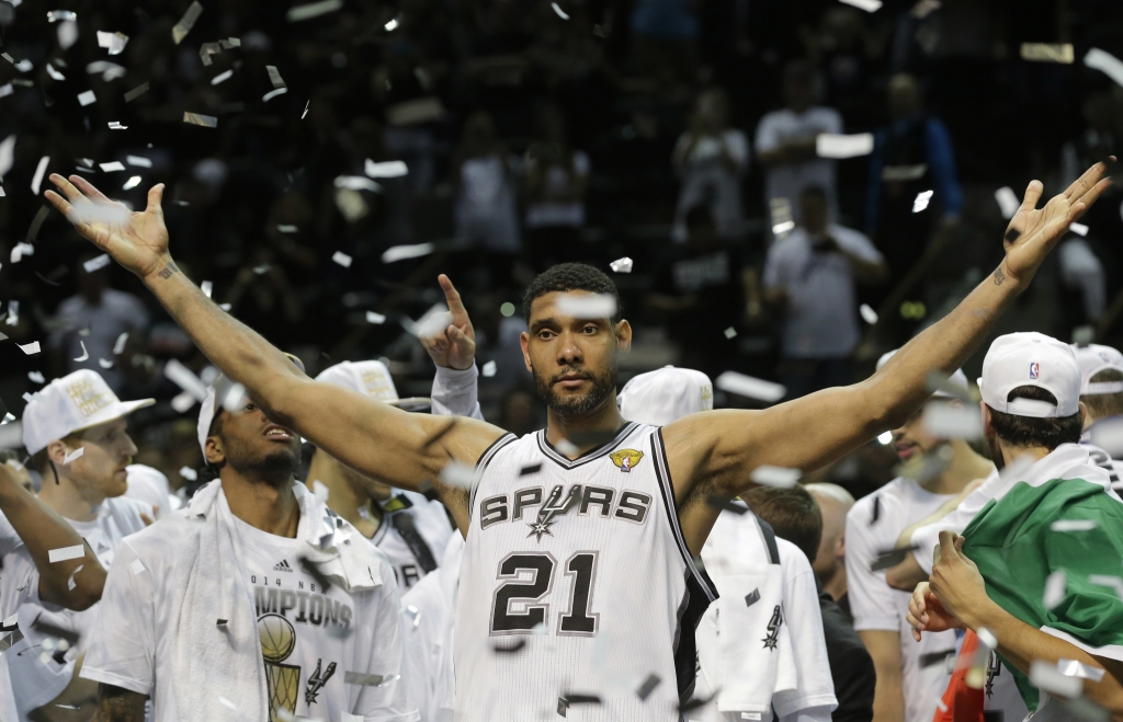 San Antonio Spurs forward Tim Duncan celebrates after Game 5 of the NBA basketball finals in San Antonio. Duncan announced his retirement on Monday