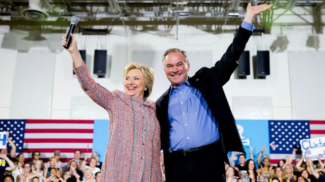 Democratic presidential candidate Hillary Clinton accompanied by Sen. Tim Kaine D-Va. speaks at a rally at Northern Virginia Community College in Annandale Va. Kaine has been rumored to be one of Clinton's possi