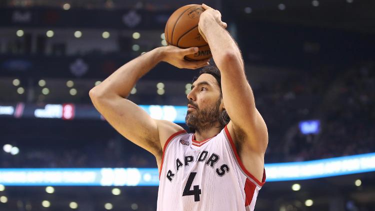 Toronto Raptors forward Luis Scola shoots against the Atlanta Hawks at Air Canada Centre. The Raptors beat the Hawks 104-96