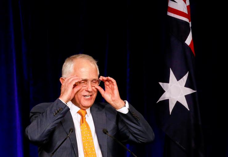 Australian Prime Minister Malcolm Turnbull reacts as he speaks during an official function for the Liberal Party during the Australian general election in Sydney Australia