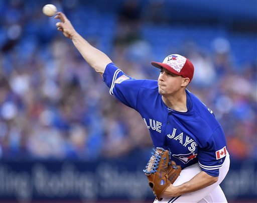 Toronto Blue Jays Aaron Sanchez works against the Kansas City Royals during the second inning of a baseball game in Toronto Monday