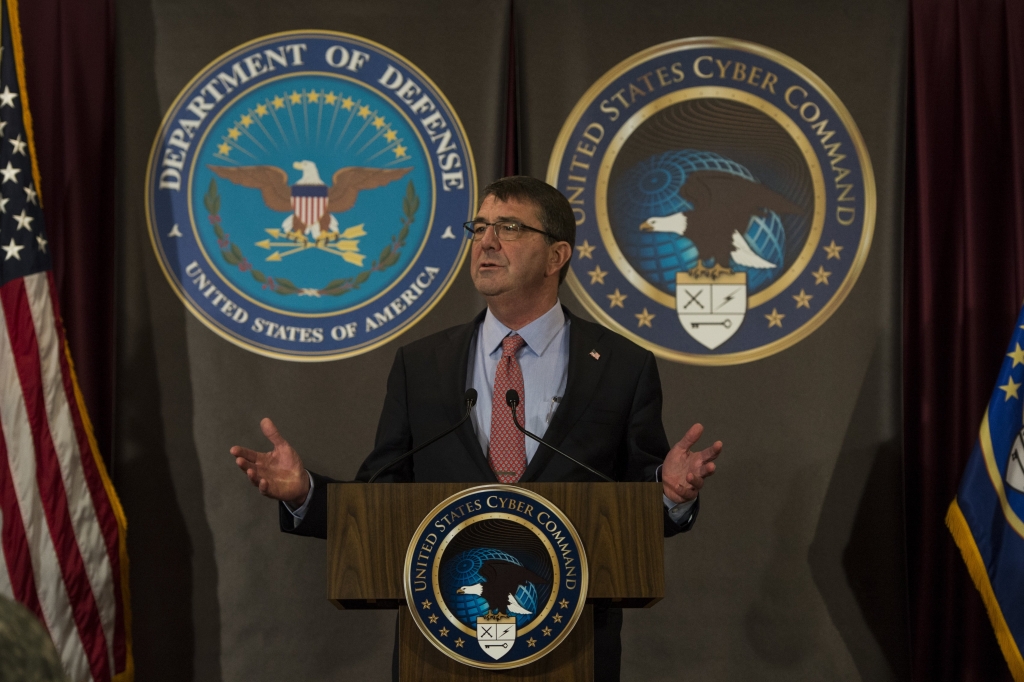 Secretary of Defense Ash Carter briefs troops and members of the press at National Security Agency headquarters on Fort Meade Md