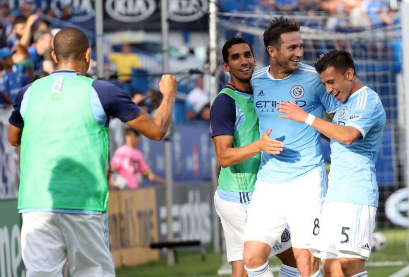 Jul 17 2016 Montreal Quebec CAN New York City FC midfielder Frank Lampard celebrates his goal against Montreal Impact with teammates during the second half at Stade Saputo. Mandatory Credit Jean Yves Ahern-USA TODAY Sports