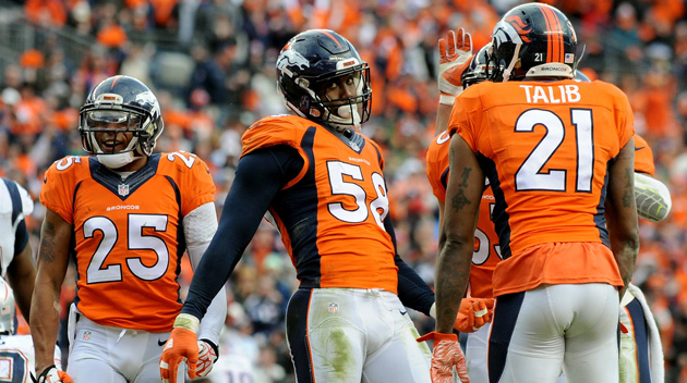 Von Miller #58 of the Denver Broncos reacts after a sack in the third quarter against the New England Patriots