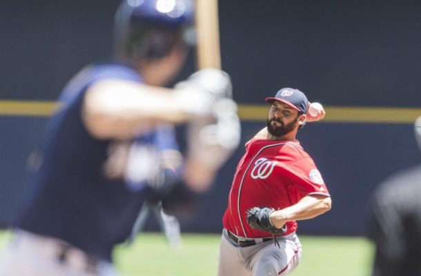 Washington Nationals&#039 Tanner Roark pitches to a Milwaukee Brewers&#039 batter during the first inning of a baseball game Sunday