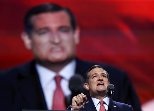 Sen. Ted Cruz R-Tex. addresses the delegates during the third day session of the Republican National Convention in Cleveland Wednesday