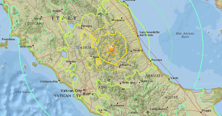 A USGS map shows a magnitude-6.2 earthquake that struck in central Italy early Aug. 24 2016 local time