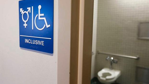 A gender-neutral bathroom is seen at the University of California Irvine in Irvine California