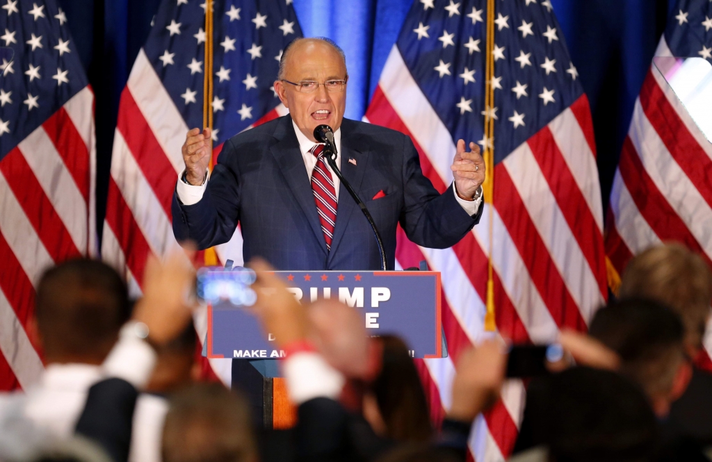 Former New York Mayor Rudy Giuliani speaks before Republican presidential candidate Donald Trump in Youngstown Ohio on Monday